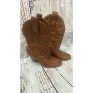 Womens Brown Embossed Heart Western Cowboy Boots‎ Stacked Heel Size 8.5